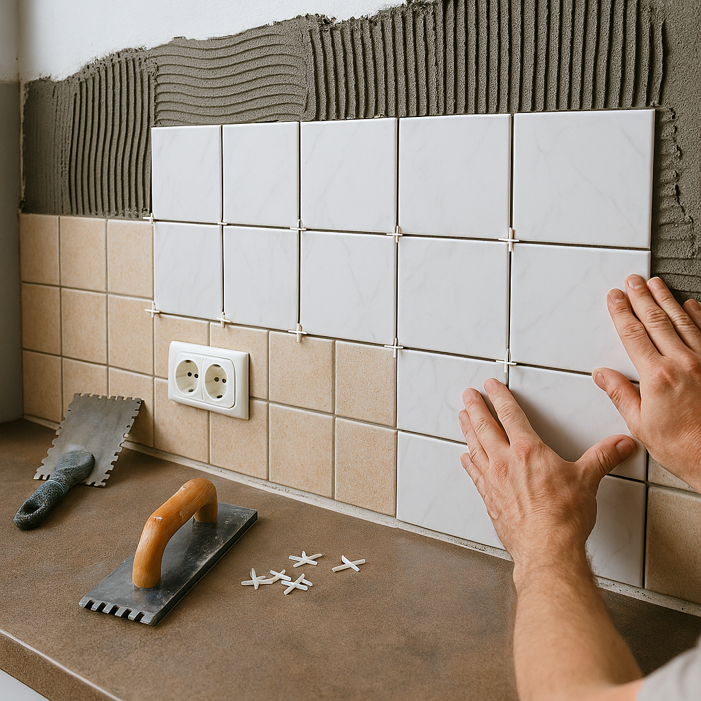 „Fliesenspiegel wird erneuert: Hände setzen neue weiße Fliesen über alte beige Fliesen, Werkzeug und Kleber sichtbar, DIY‑Szene in moderner Küche“