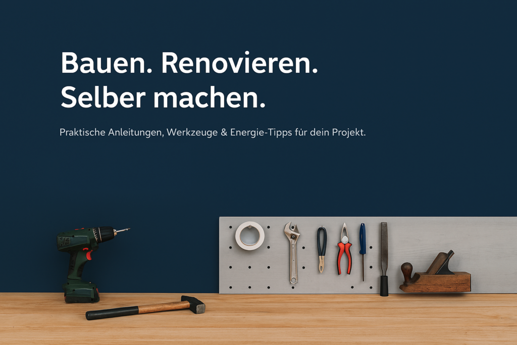 Verschiedene Werkzeuge wie Akkubohrer, Hammer und Schraubenzieher auf Holzuntergrund vor dunkelblauem Hintergrund – DIY-Motiv mit deutschem Text zu Bauanleitungen und Energie-Tipps.